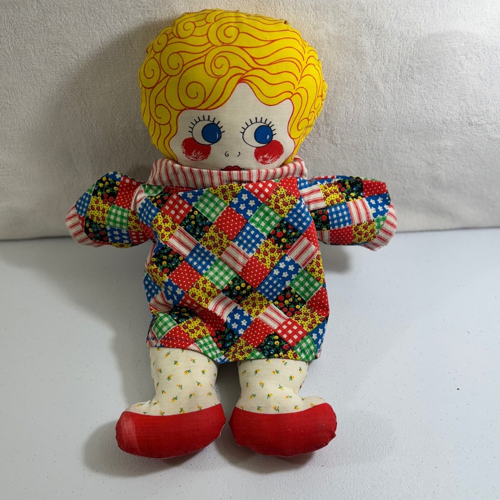 Vintage Rag Doll‎ Quilted Patchwork Dress Blonde Hair Blue Eyes